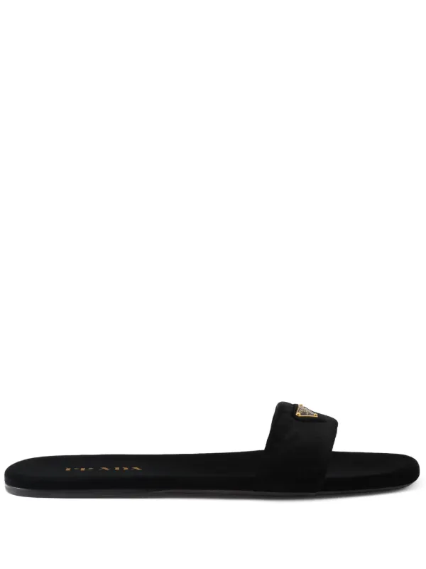 Prada logo-appliqué Velvet Slides | Black | FARFETCH