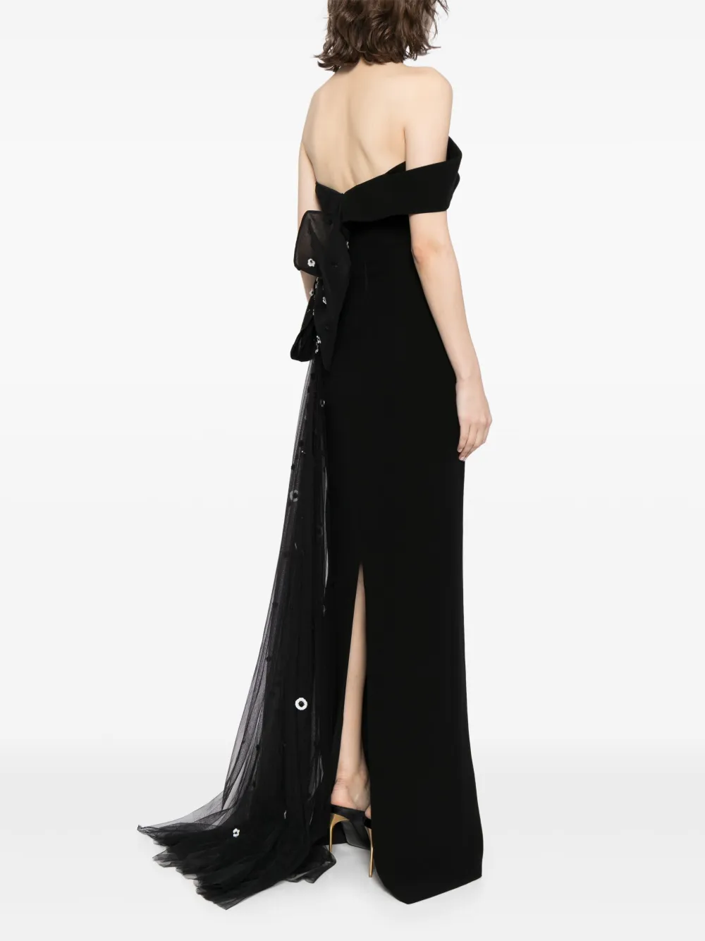 Saiid Kobeisy Crepe Off-shoulder Dress With A Tulle Bow And Tail On The Back In 黑色
