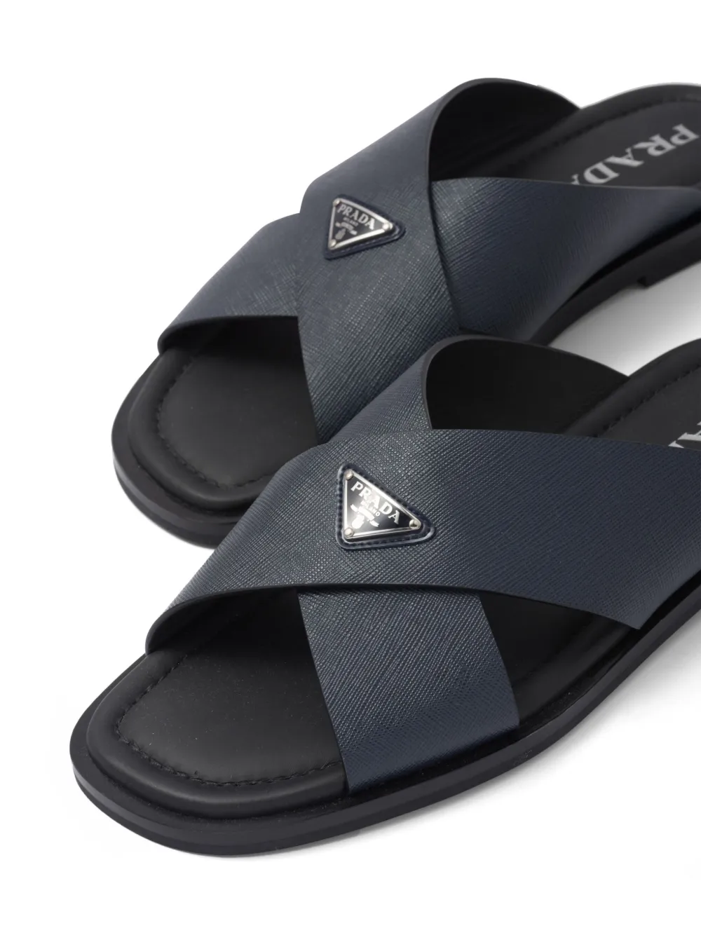 Prada Saffiano Leather Triangle-logo Sandals In Blue