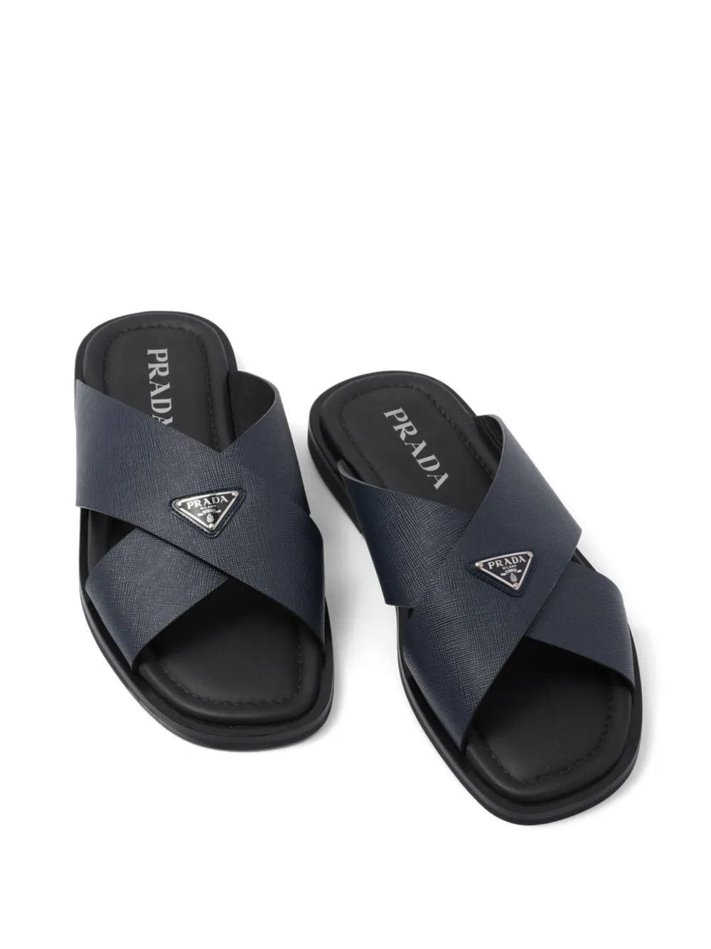 Prada Saffiano Leather Triangle-logo Sandals In Blue