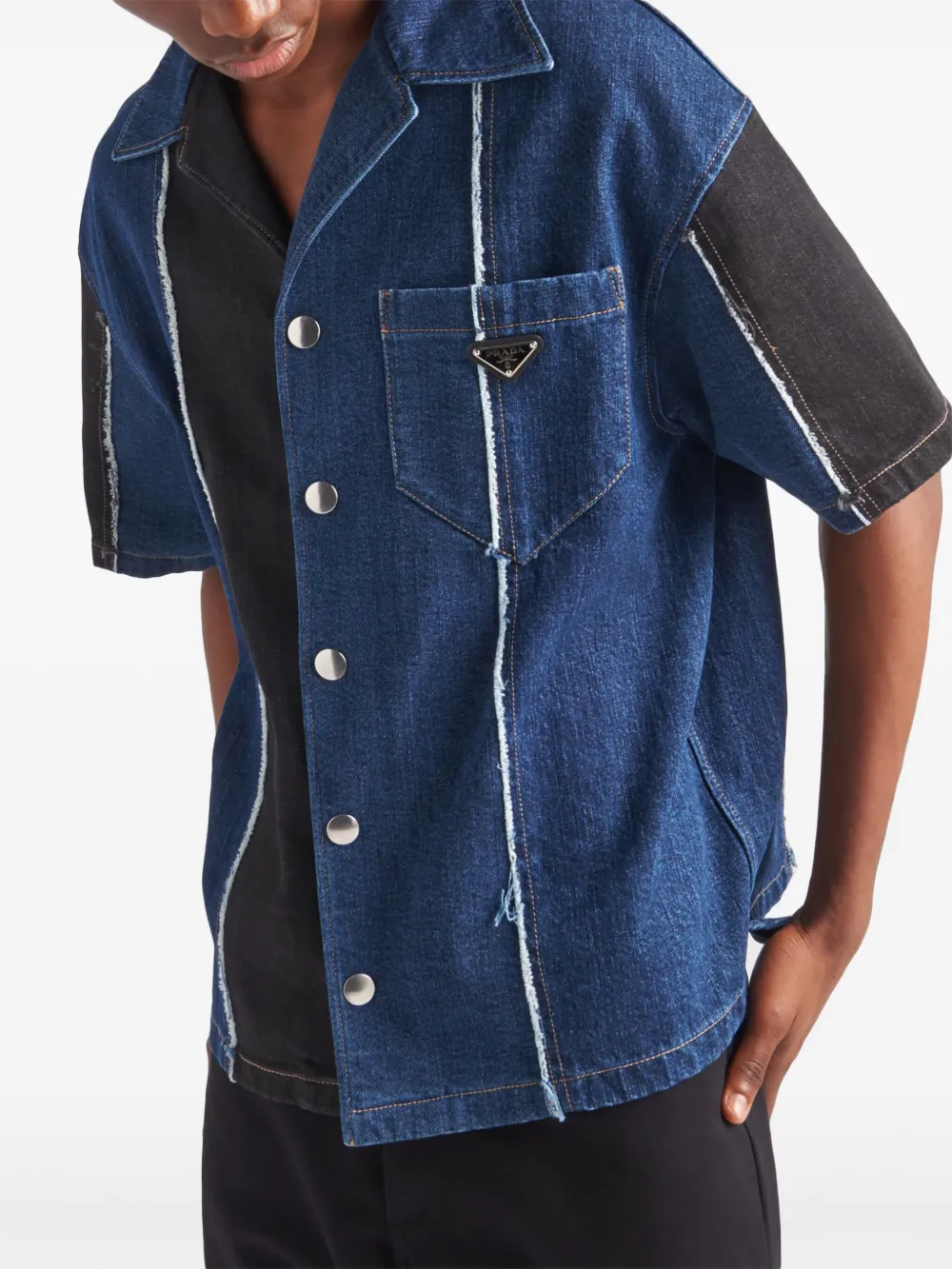 Shop Prada Colour-block Denim Shirt In Blue