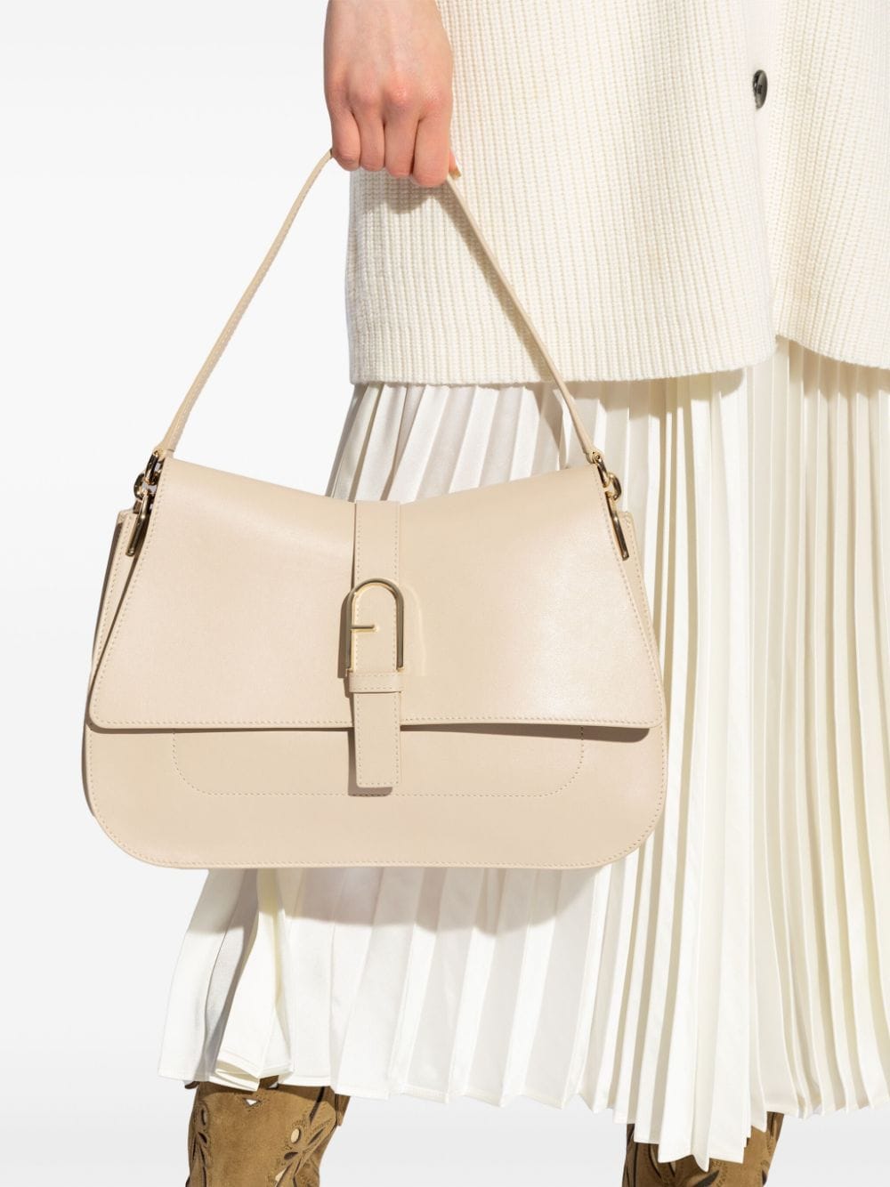 Shop Furla Large Flow Leather Tote Bag In Neutrals