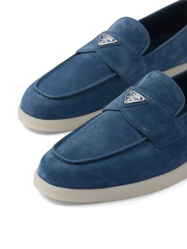 Prada logo-plaque Suede Loafers | Blue | FARFETCH