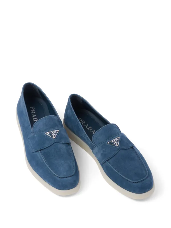 Prada logo-plaque Suede Loafers | Blue | FARFETCH
