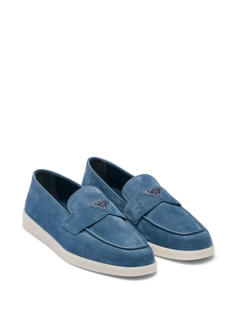 Shop Prada Logo-plaque Suede Loafers In Blue