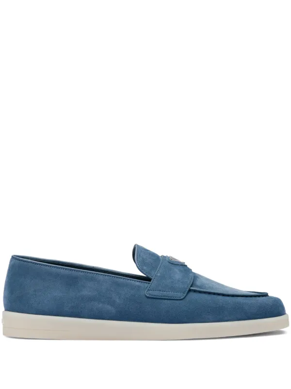 Prada logo-plaque Suede Loafers | Blue | FARFETCH