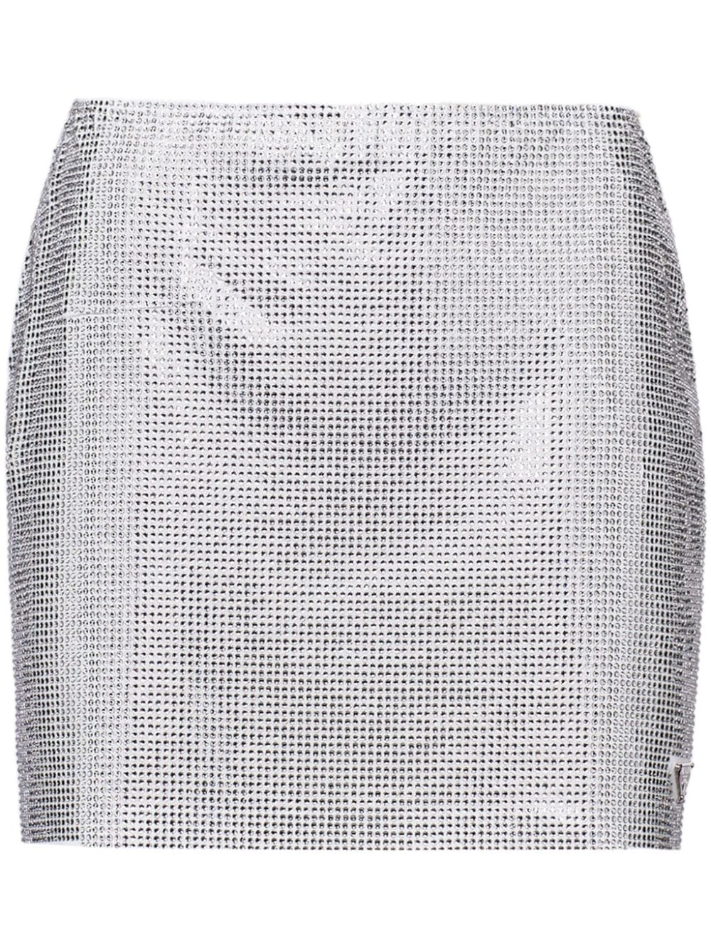 Prada Crystal-embellished Cotton Miniskirt In Silver