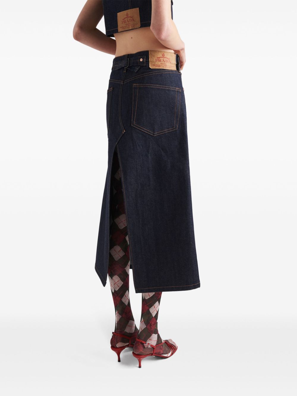 Shop Prada Flared Denim Skirt In Blue