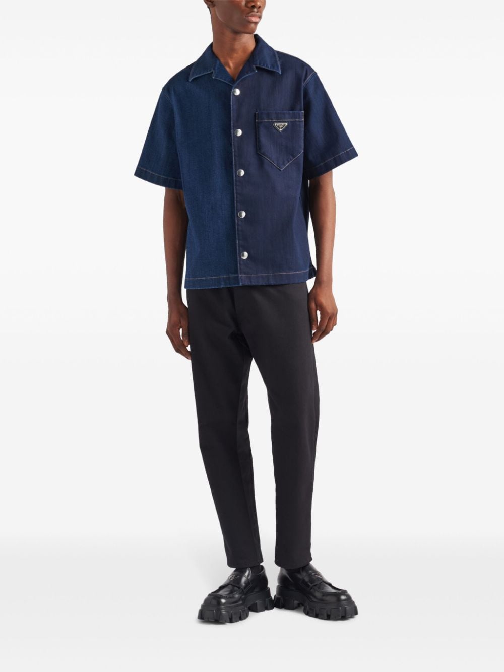 Shop Prada Double Match Two-tone Denim Shirt In Blue