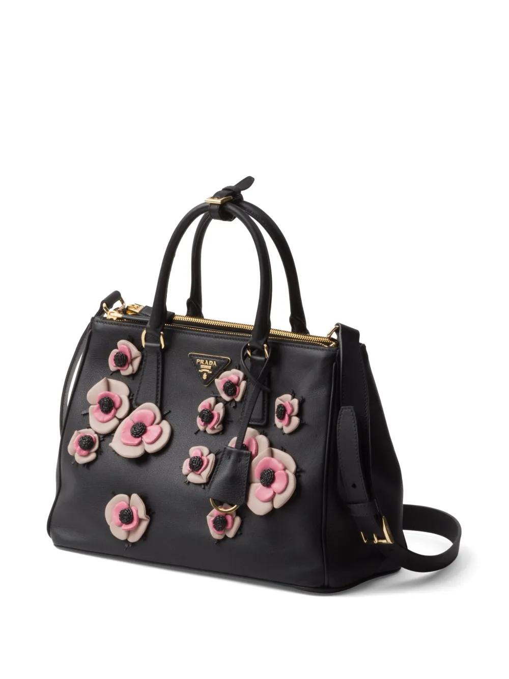 Prada Galleria tas met bloemen applicatie Zwart