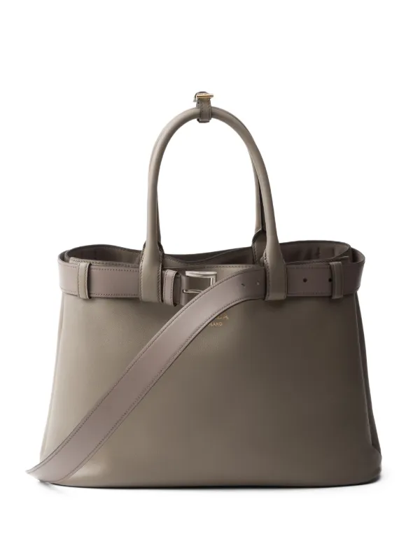 Prada Large Belted Leather Handbag | Grey | FARFETCH