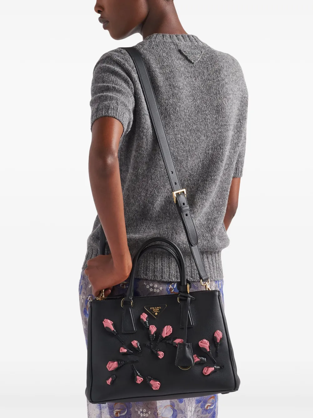 Prada Re-nylon And Leather Medium Top-handle Bag With Padlock In Schwarz