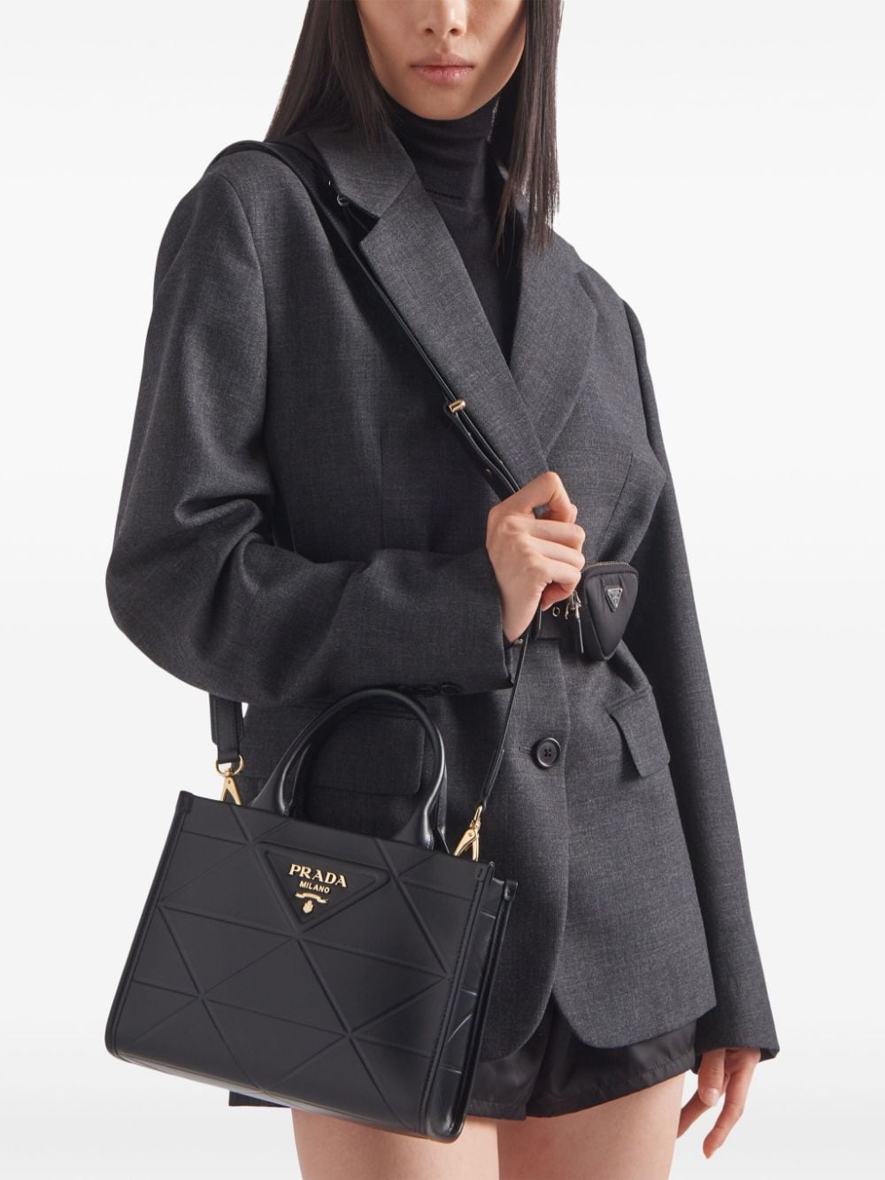 Shop Prada Mini Symbole Leather Tote Bag In Black
