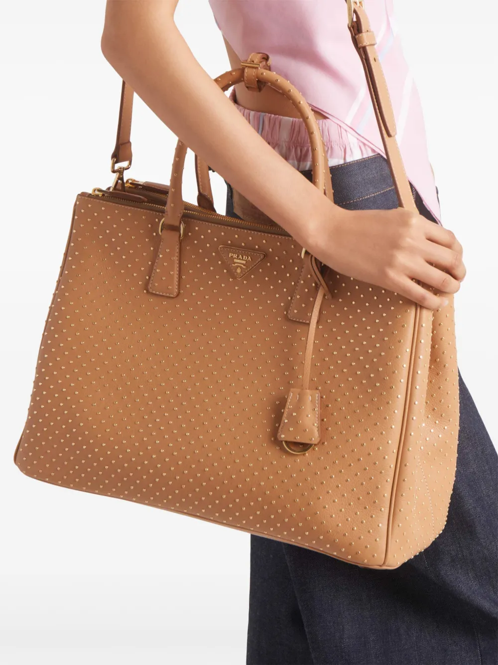 Prada Galleria saffiano leren handtas met studs Bruin
