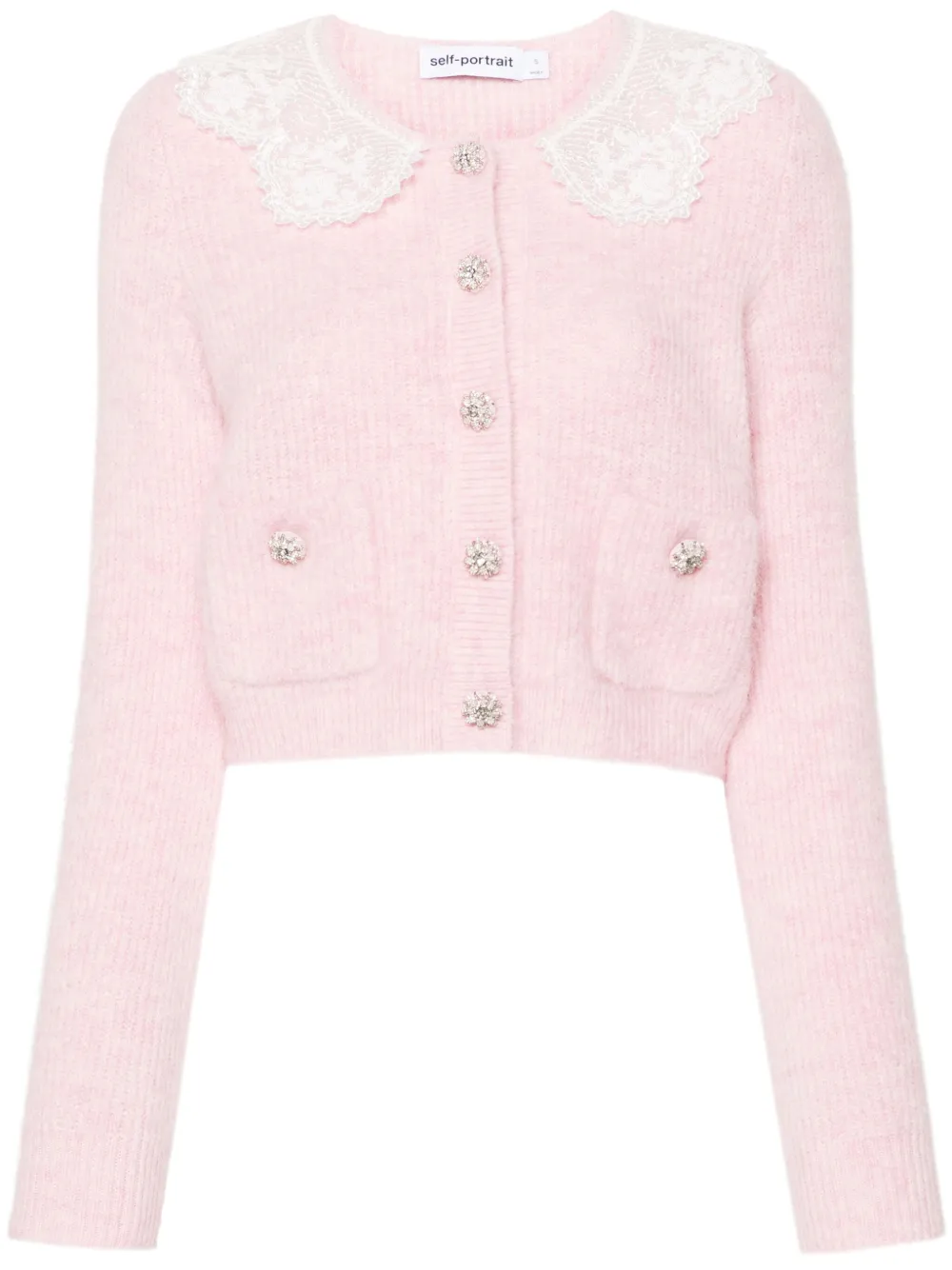 Self-portrait Lace-panelling Cropped Cardigan In Pink