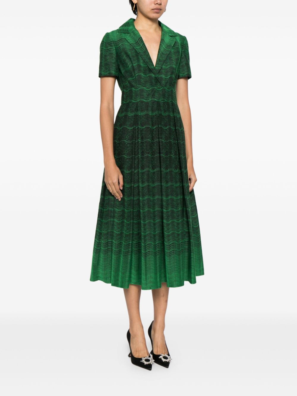 Shop Elie Saab Wave-embroidered Cotton Midi Dress In Green