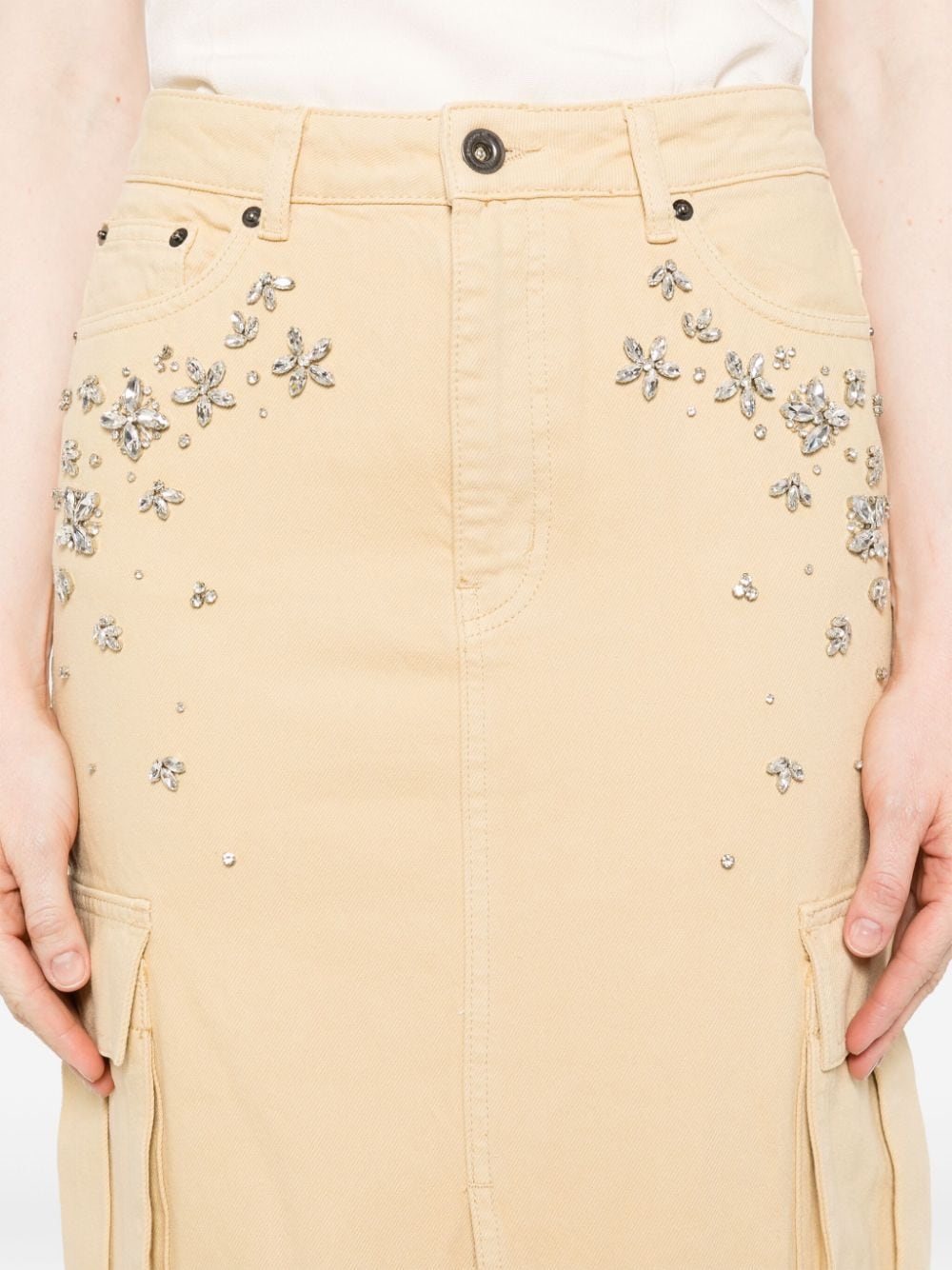 Shop Self-portrait Gem-embellished Denim Maxi Skirt In Neutrals