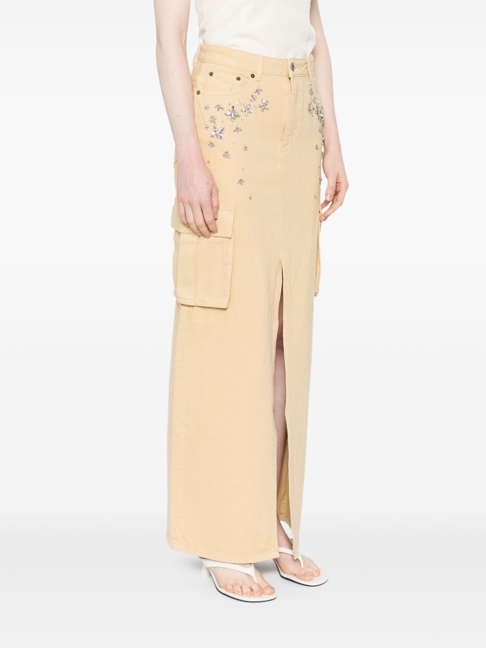 Shop Self-portrait Gem-embellished Denim Maxi Skirt In Neutrals