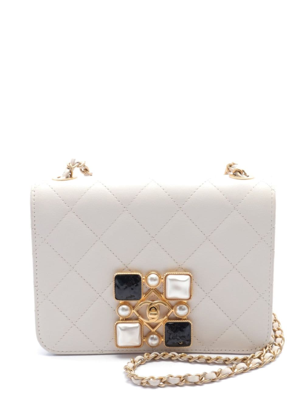 Pre-owned Chanel 2020-2021 Cc Stone-embellished Diamond-quilted Shoulder Bag In White