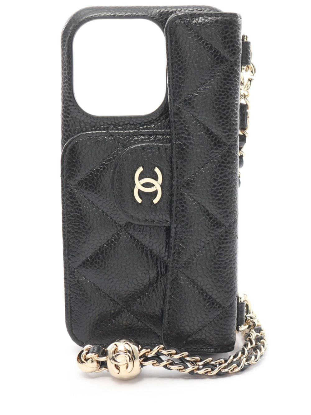 Pre-owned Chanel 2021 Iphone 14 Pro Quilted Strap Case In Black