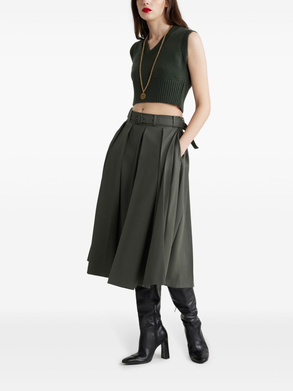 Shop Patou Pleated Midi Skirt In Green