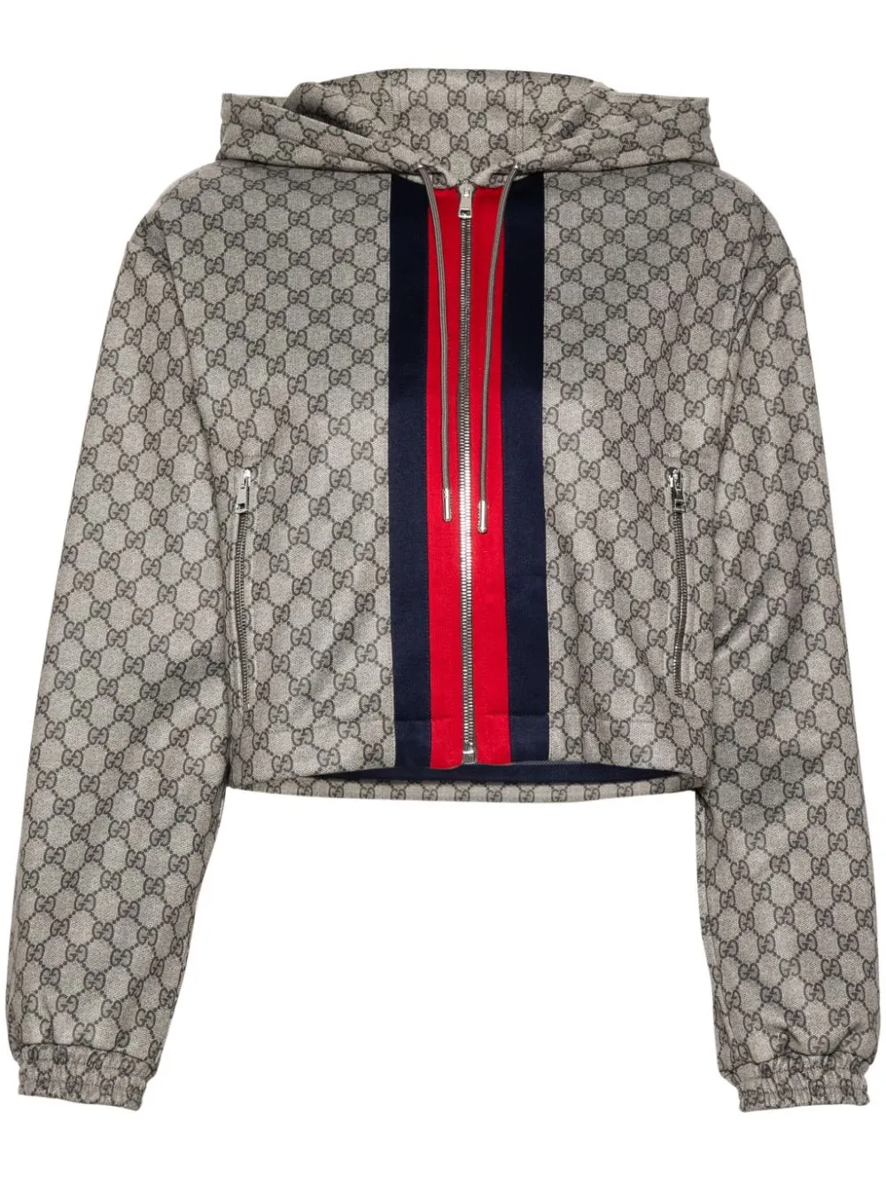 Gucci Womens Beige Ebony Mc Monogram-print Cropped Woven-blend Jacket In Brown