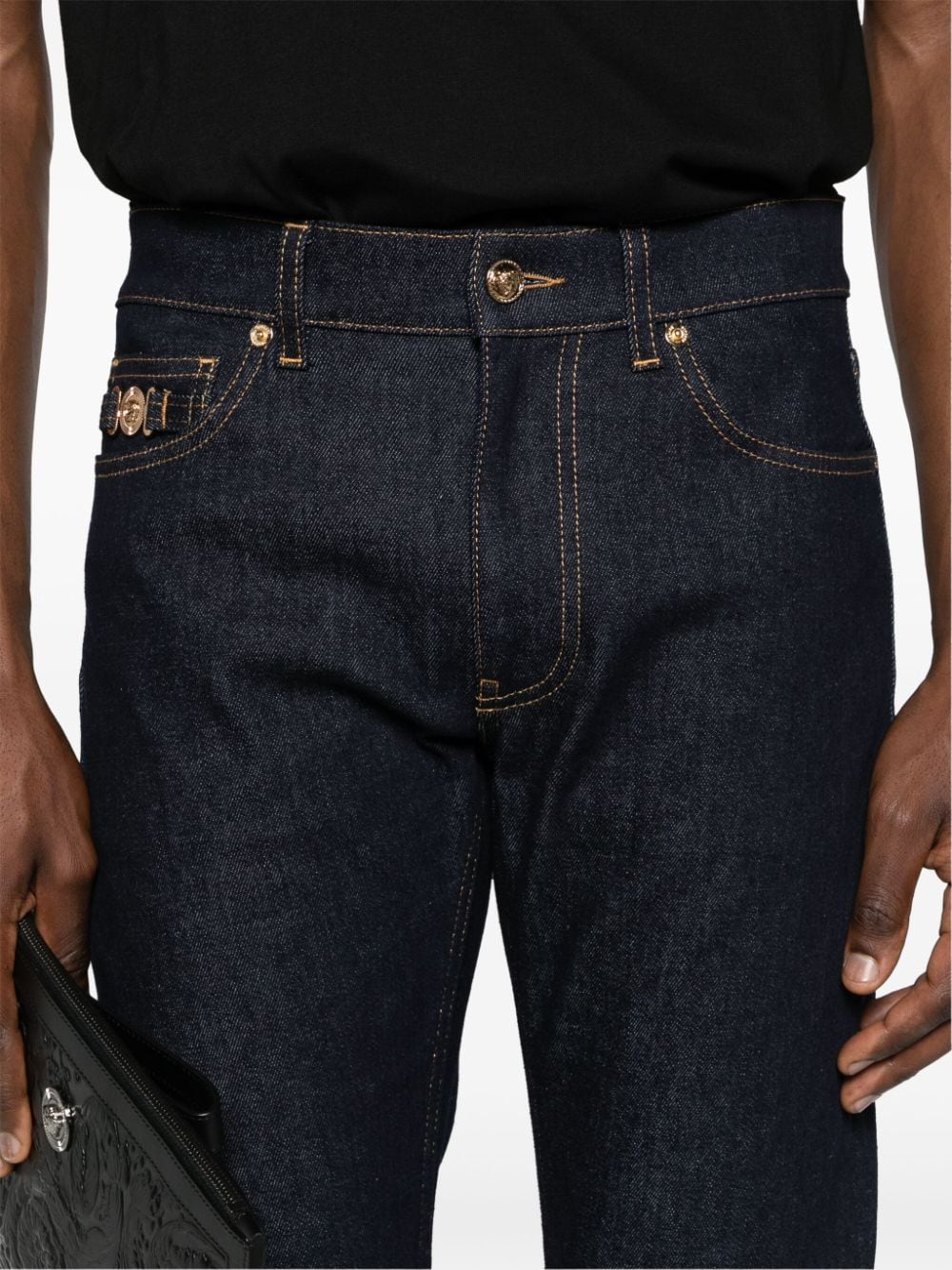 Shop Versace Mid-rise Slim-fit Jeans In Blue