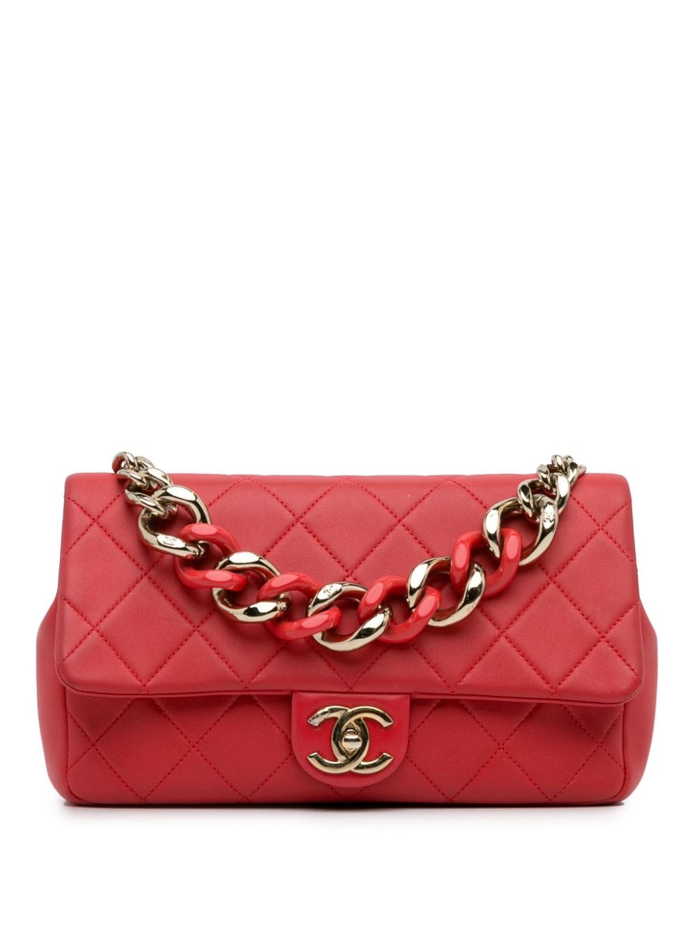 Pre-owned Chanel 2019 Small Lambskin Elegant Chain Single Flap Satchel In Red