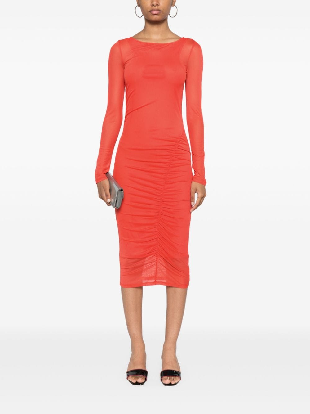 Shop Patrizia Pepe Tulle Long-sleeve Midi Dress In Red