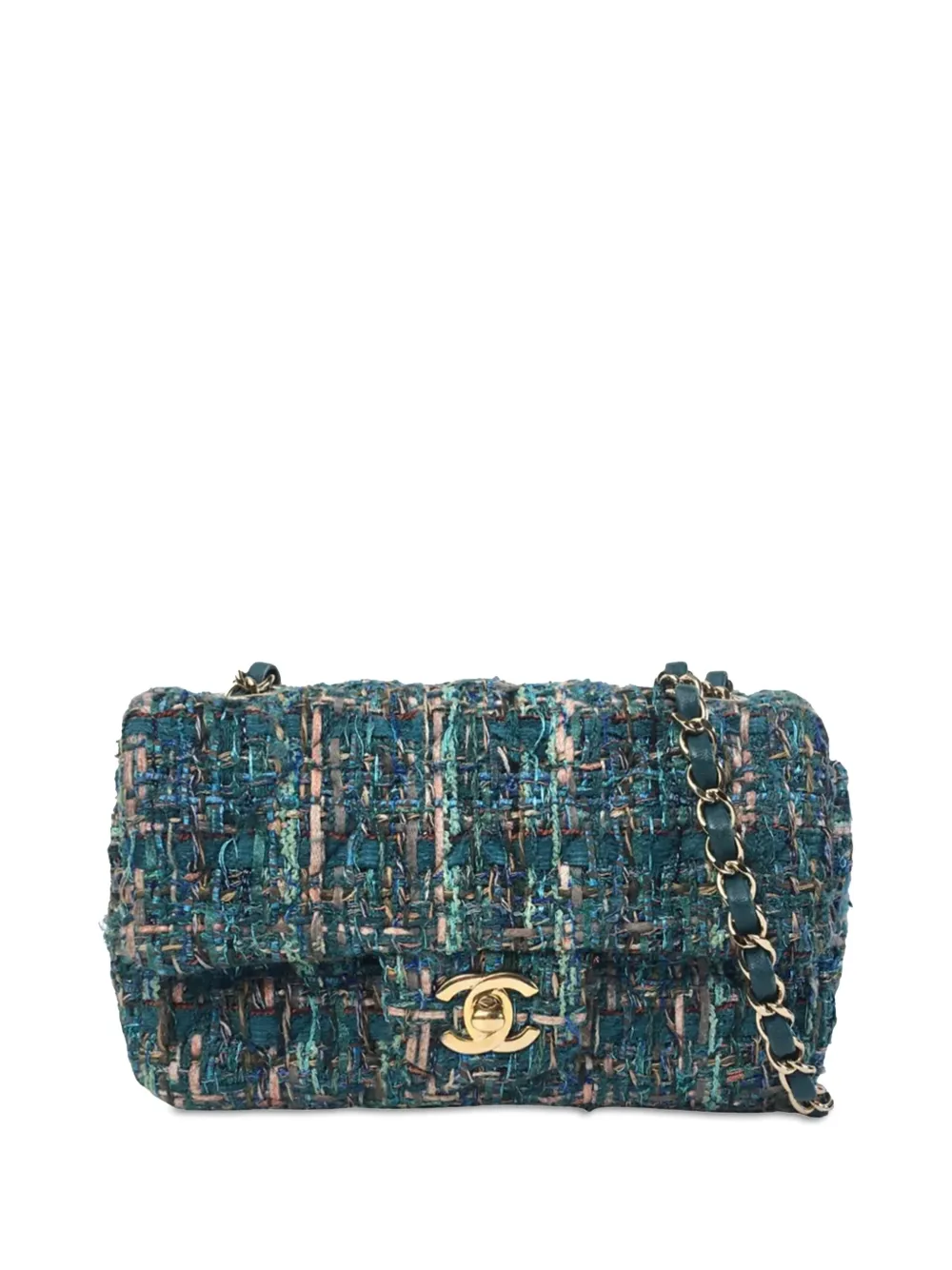 Pre-owned Chanel 2019 Mini Classic Rectangular Tweed Flap Crossbody Bag In Blue