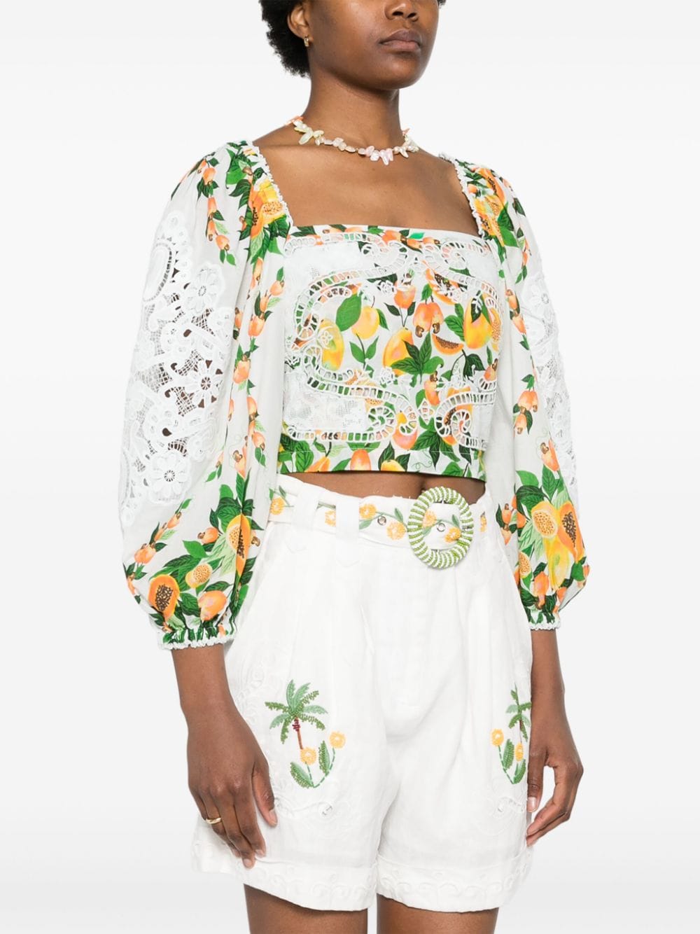 Shop Farm Rio Fruit-printed Cropped Blouse In Green