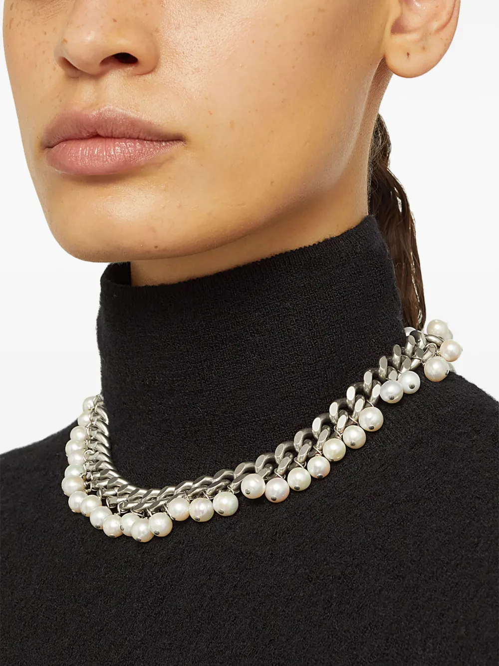 Jil Sander Elegant Freshwater Pearl Necklace With Silver Chain In Silver