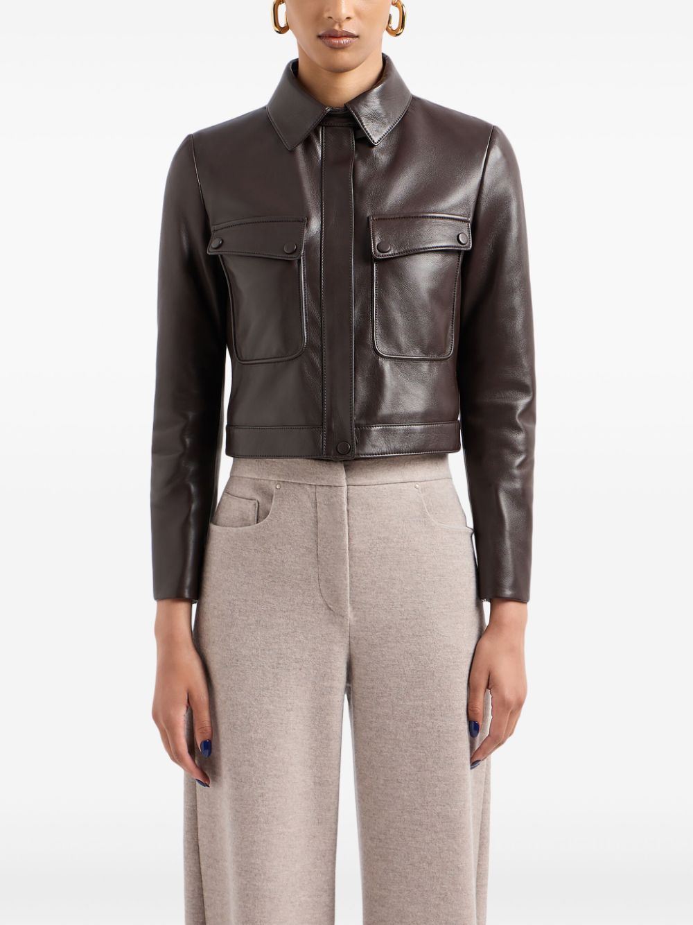 Shop Giorgio Armani Spread-collar Zip-up Leather Jacket In Brown