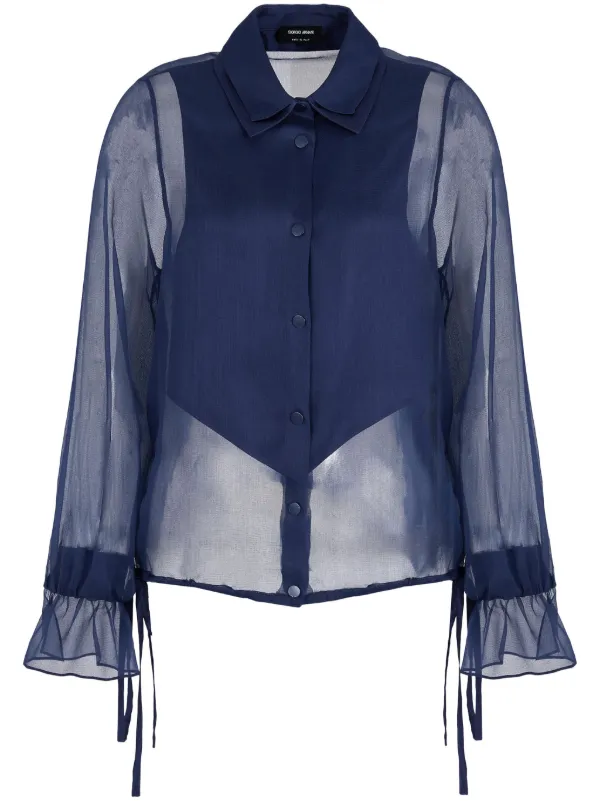 Giorgio Armani Semi-sheer Long-sleeve Silk Top in Blue