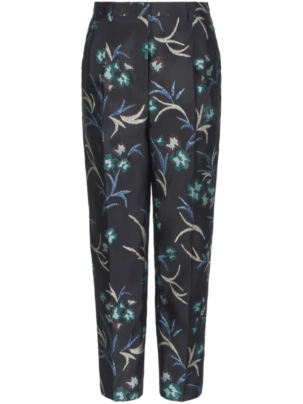 Giorgio Armani Floral-print Straight Trousers in Black