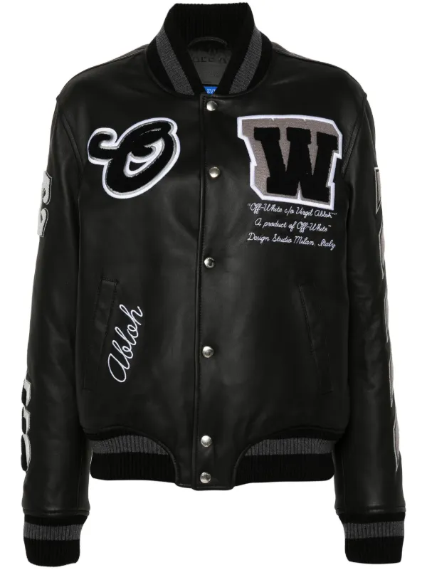 Off-White Appliqué Leather Bomber Jacket in Black
