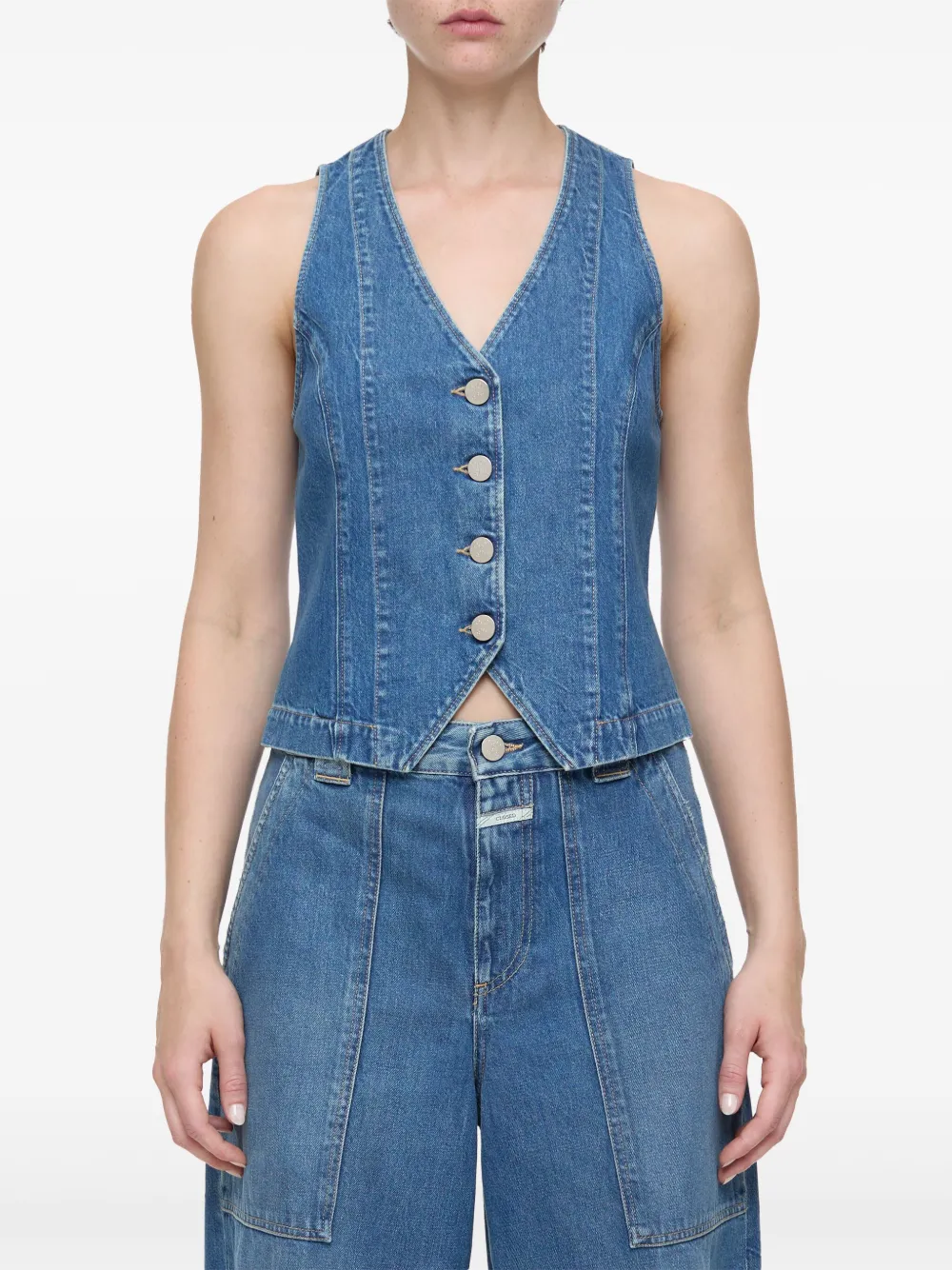 Closed denim button-up vest - Blauw