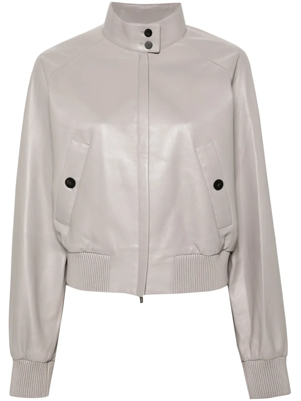 Ferragamo Elasticated-hem Leather Jacket In Grey