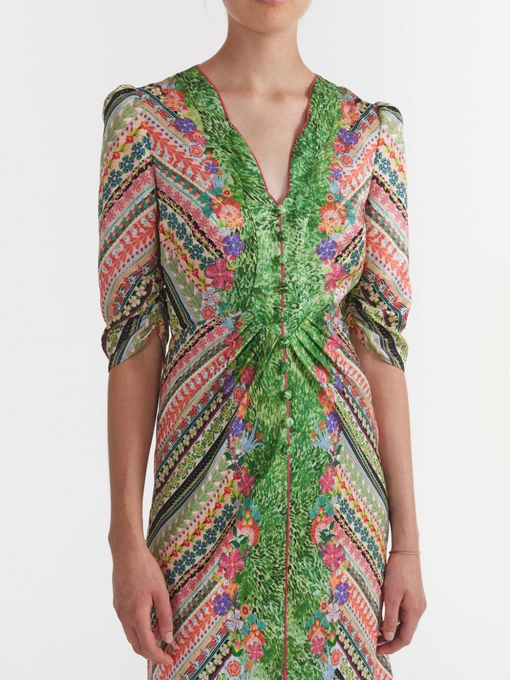 Shop Saloni Mitsu B Mix-print Midi Dress In Green