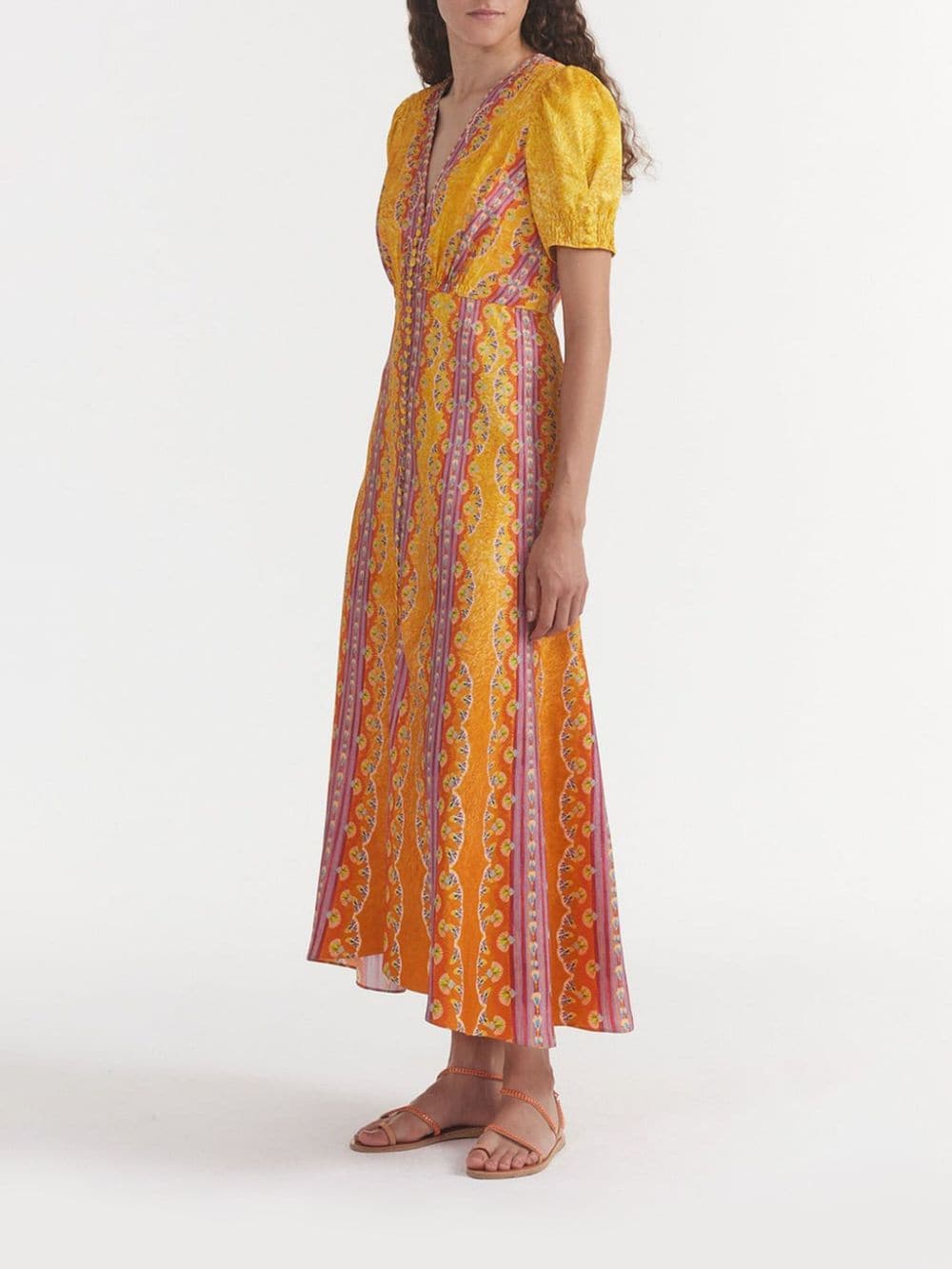 Shop Saloni Lea Graphic Print Silk Dress In Orange