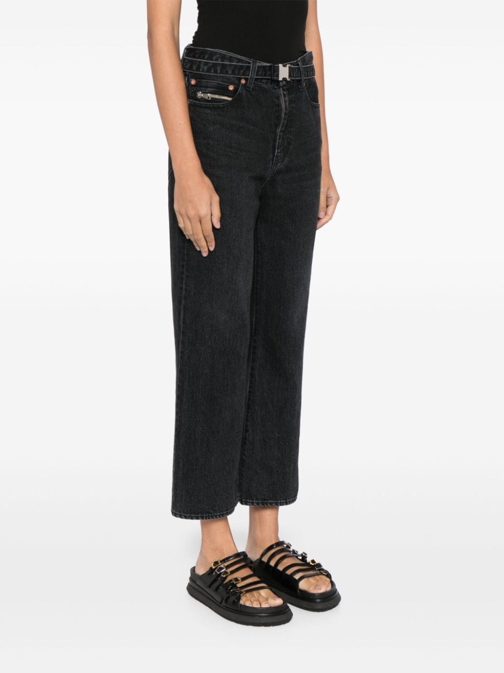 Shop Sacai Straight-leg Belted Cropped Jeans In Black