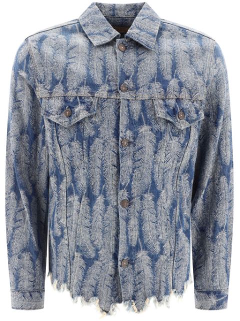 distressed feather-jacquard denim jacket