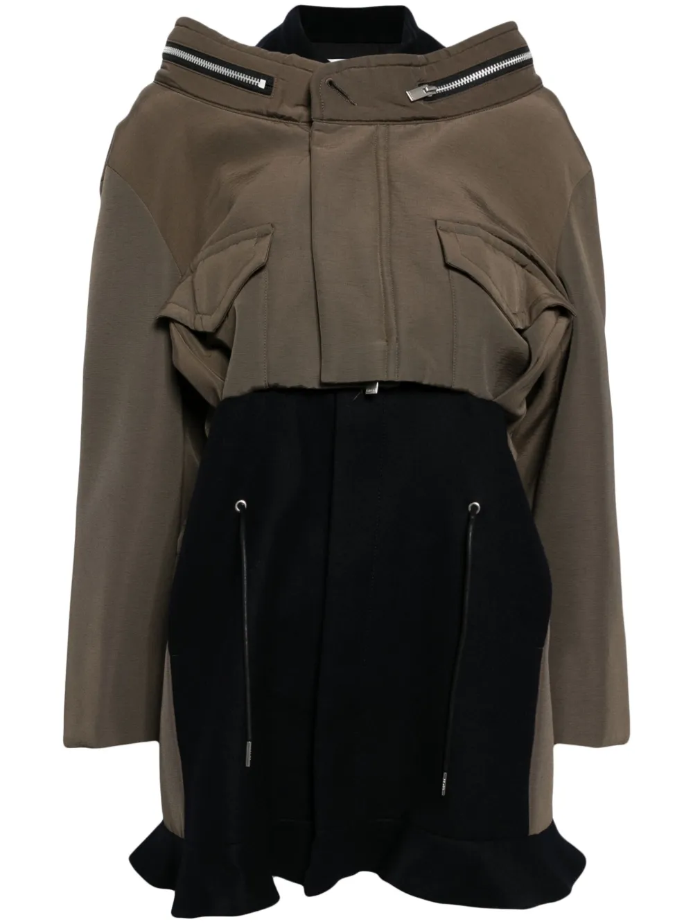 Sacai Grosgrain bonding x wollen melton jurk Bruin