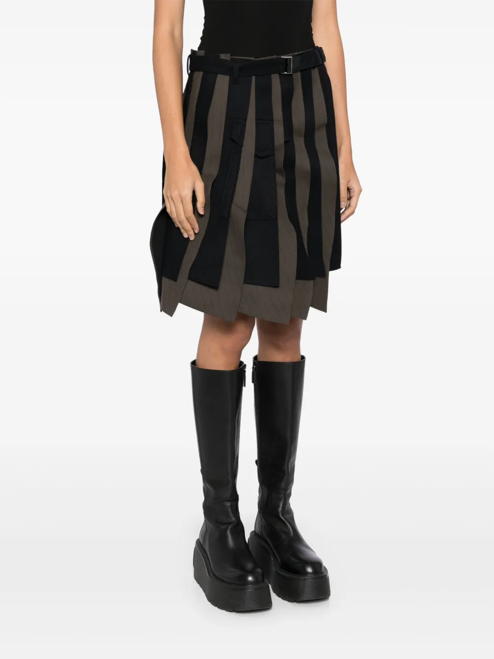 Sacai Asymmetric Pleated Wool Skirt In Brown