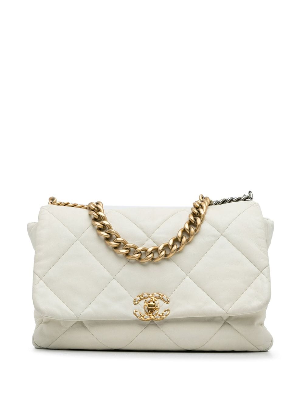 Pre-owned Chanel 2019 Maxi Lambskin 19 Flap Satchel In White