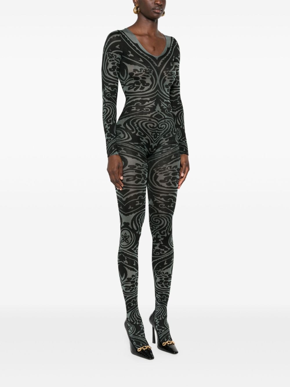 Shop Wolford X Etro Body Tattoo V-neck Catsuit In Grey