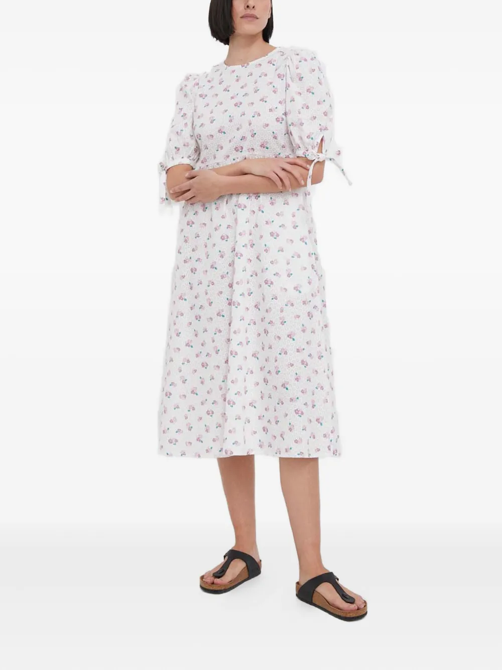 Barbour Short-sleeves Floral Midi Day Dress In White