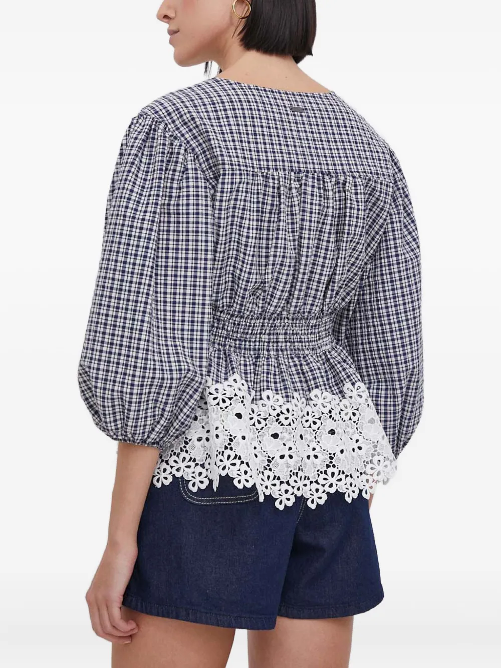 Barbour Gingham Lace-trimmed Top In Blue