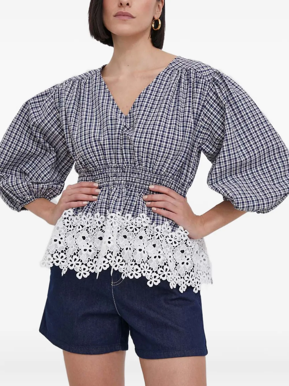 Barbour Gingham Lace-trimmed Top In Blue
