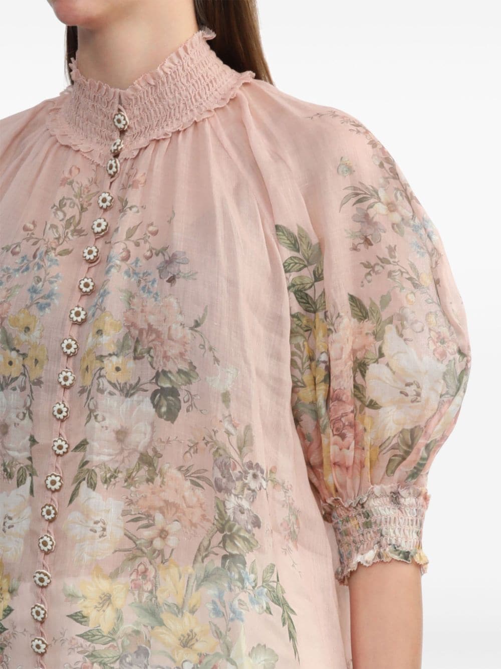 Shop Zimmermann Waverly Floral-print Ramie Blouse In Pink